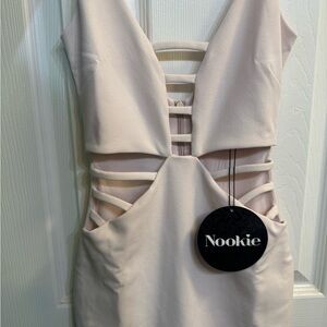 Nookie Tan Backless Bodycon Dress Plunge Neckline